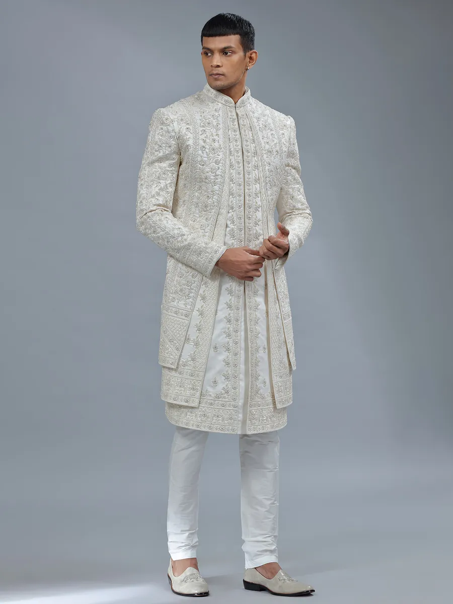 Modern white jacket style silk sherwani