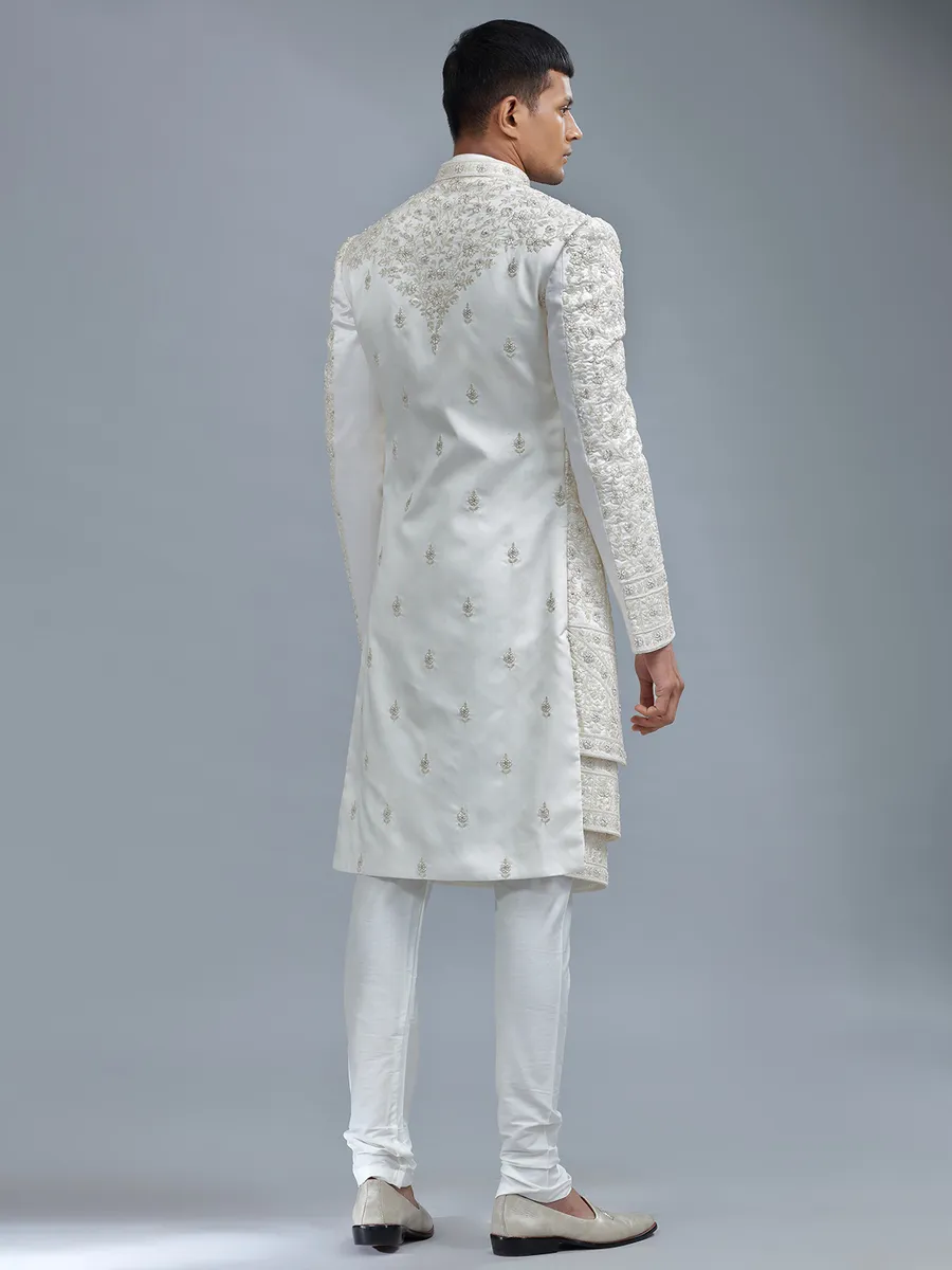 Modern white jacket style silk sherwani