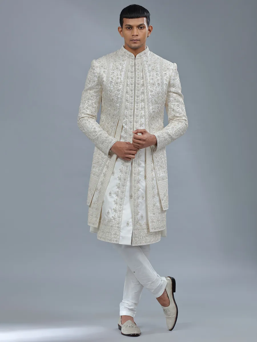 Modern white jacket style silk sherwani