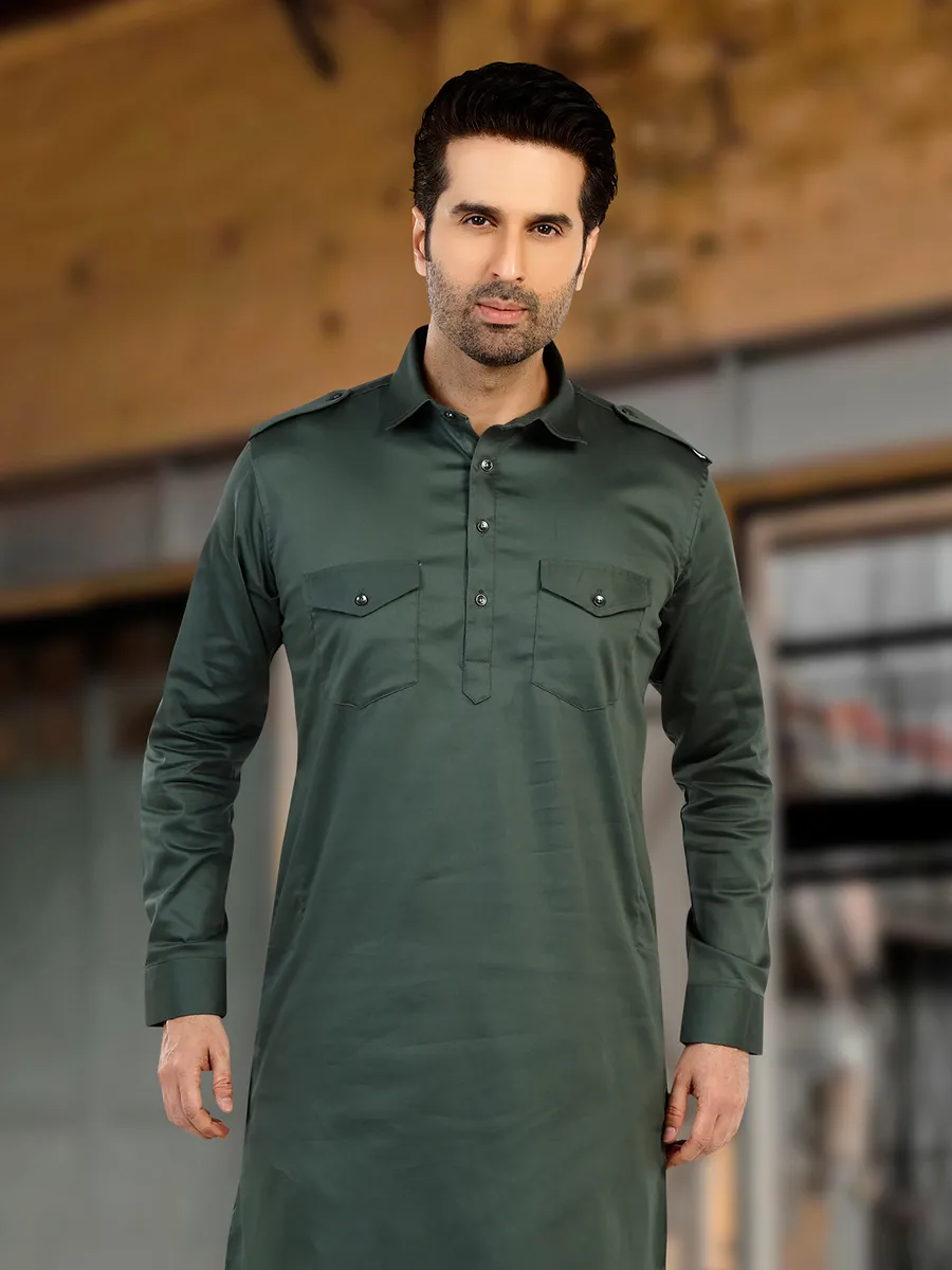 Moss green cotton plain pathani suit