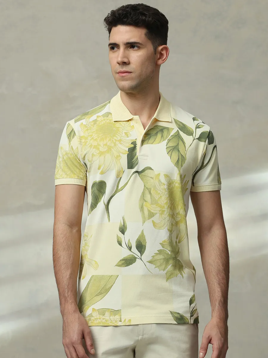 MUFTI lime yellow printed polo slim fit t-shirt