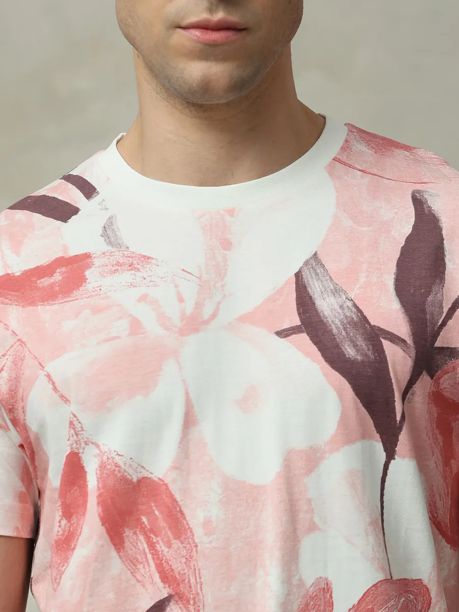 MUFTI pink printed slim fit cotton t-shirt for men