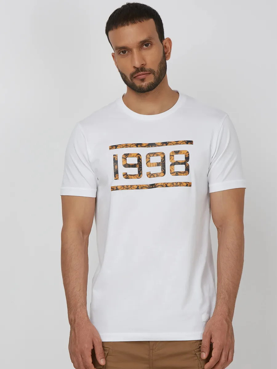 MUFTI printed white cotton slim fit t-shirt