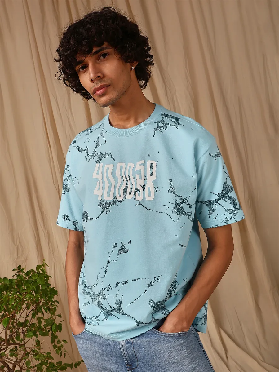 MUFTI sky blue printed cotton t-shirt