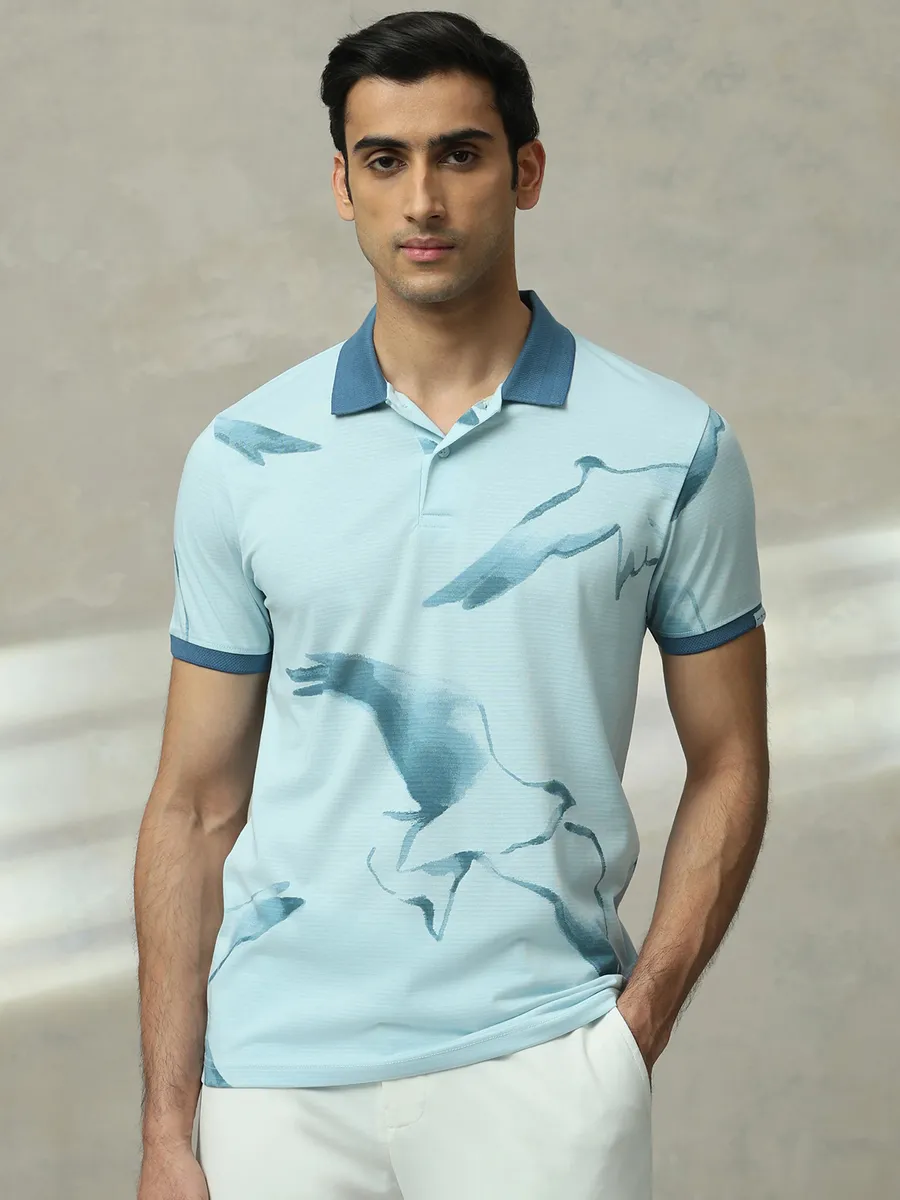 MUFTI sky blue printed slim fit polo t-shirt