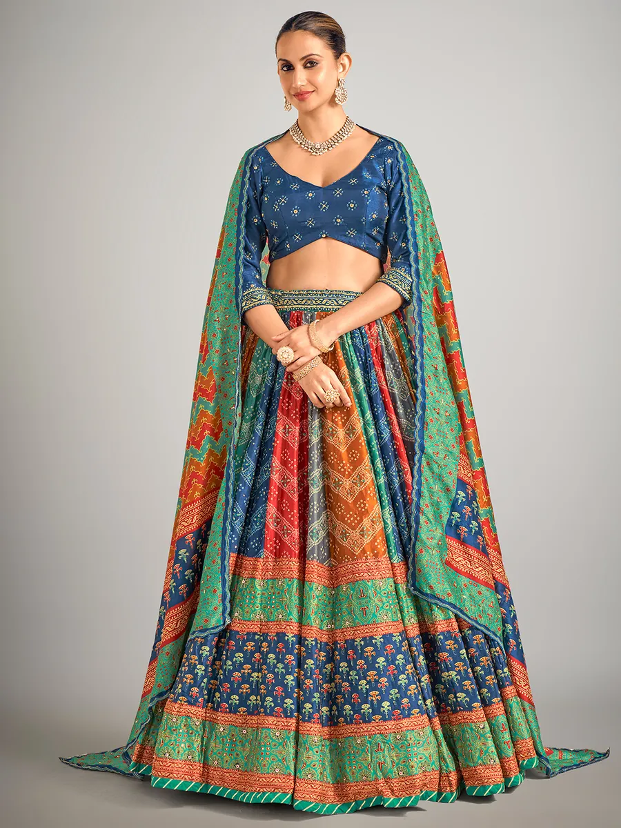 Multi color bandhej silk lahenga choli for wedding