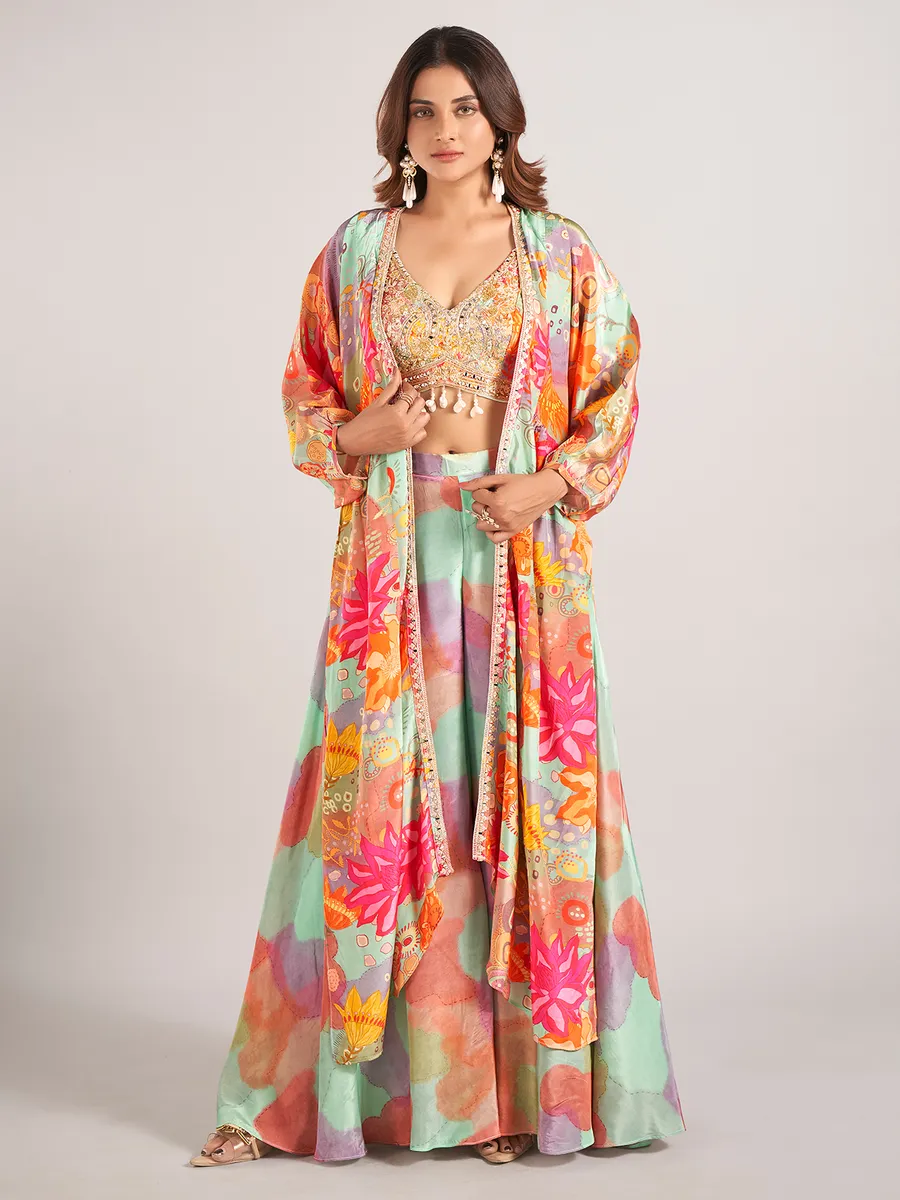 Multi color jacket style satin silk palazzo suit-G3-WSS43079