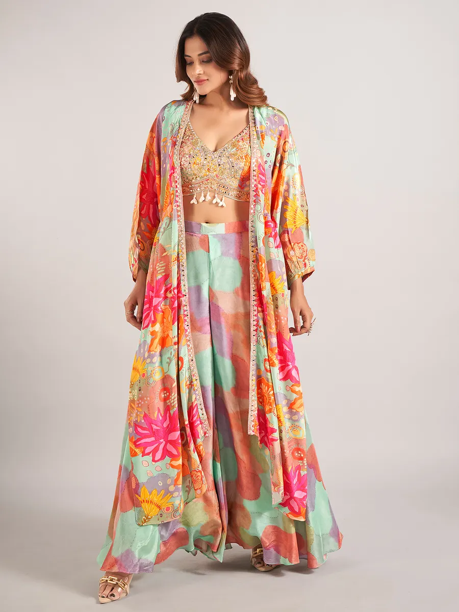 Multi color jacket style satin silk palazzo suit-G3-WSS43079
