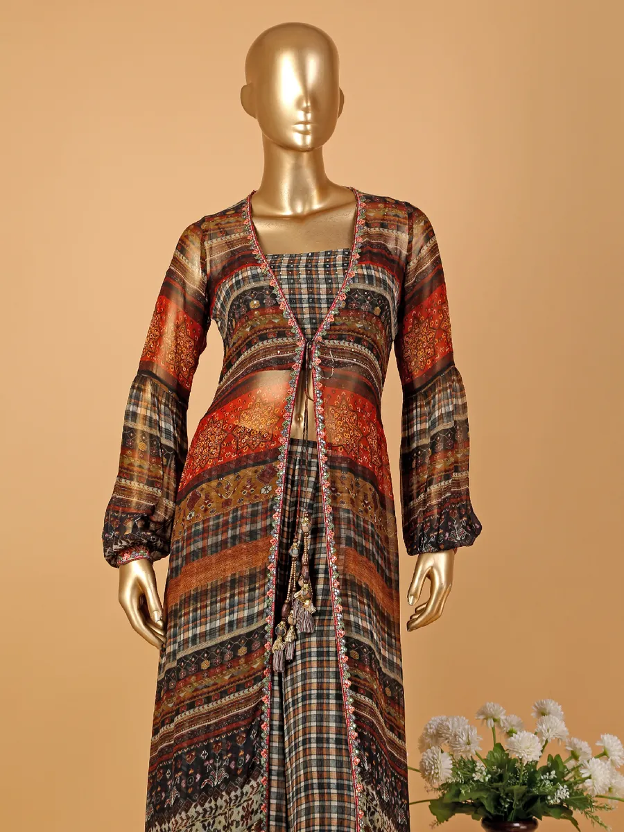 Multi color printed jacket style palazzo suit