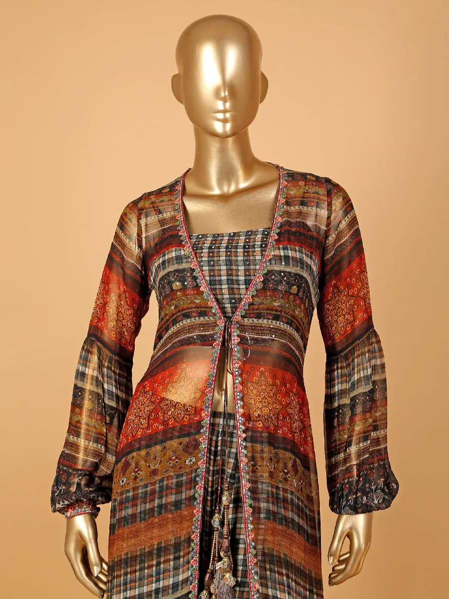 Multi color printed jacket style palazzo suit