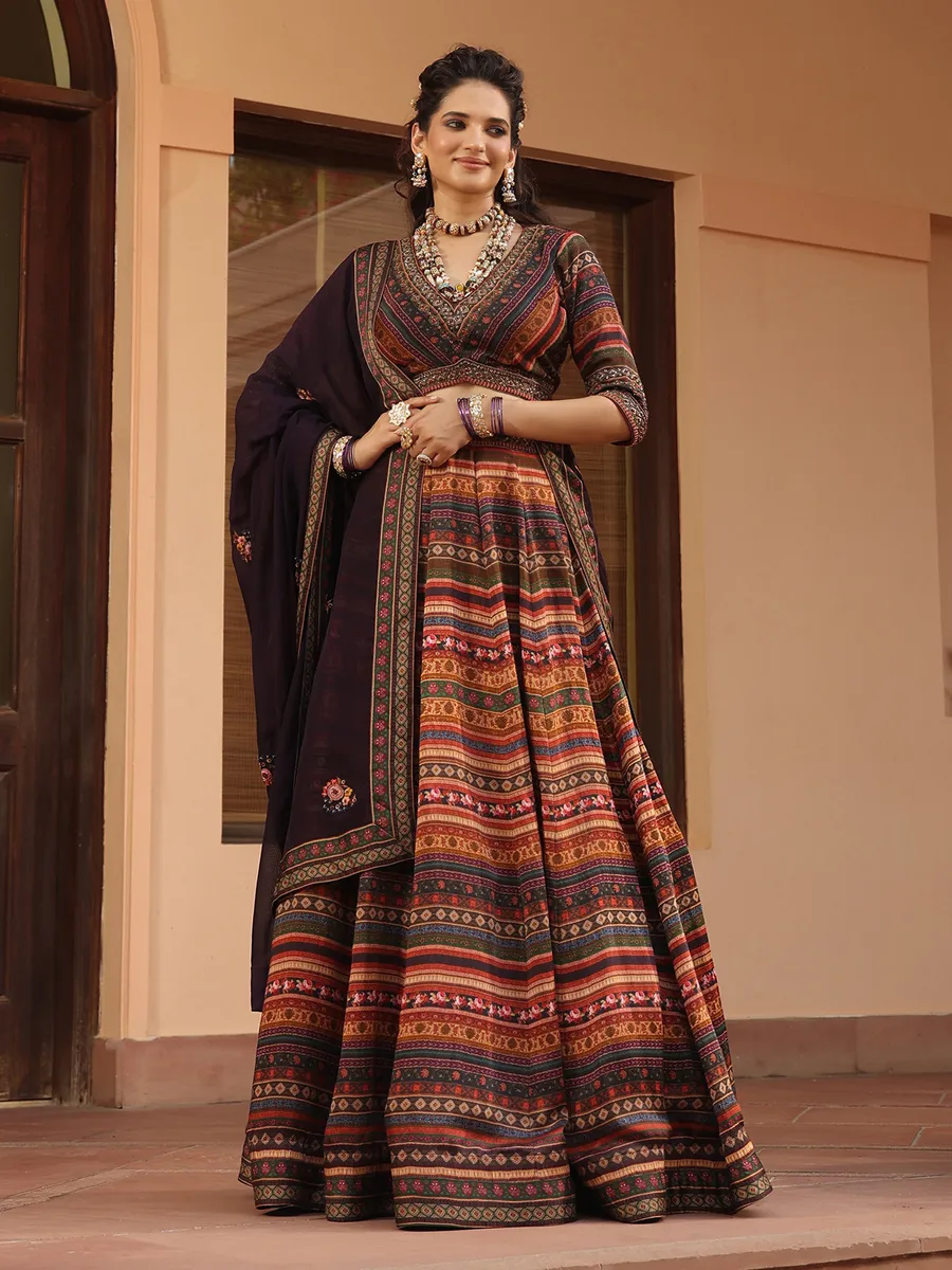 Multi color printed linen satin lehenga choli