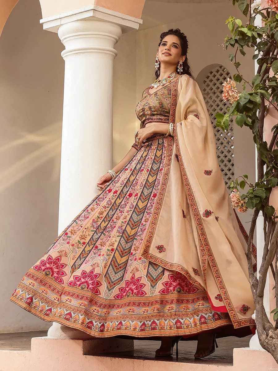 Multi color printed raw silk lehenga choli