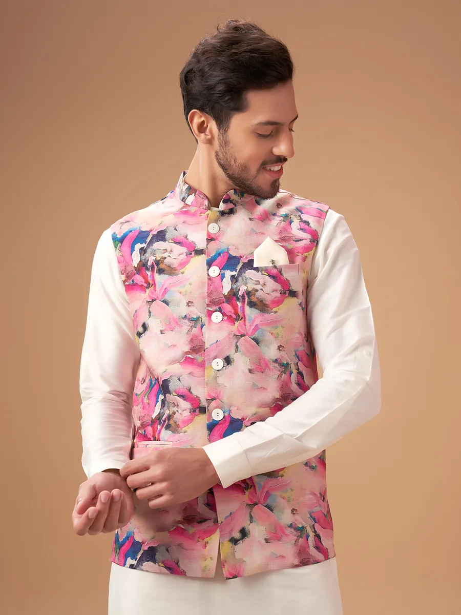 Multi color printed silk waistcoat set