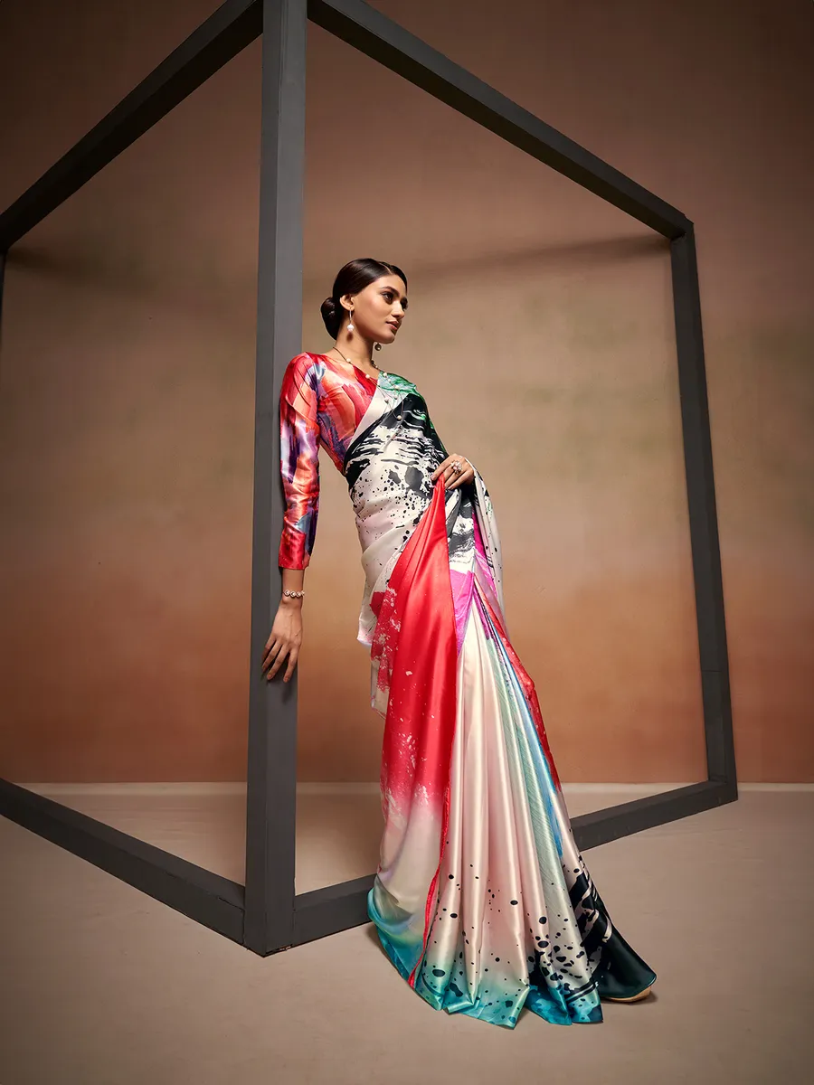 Multi color satin crepe printed saree