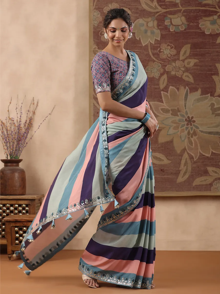 Multi color stripe muslin saree for festive