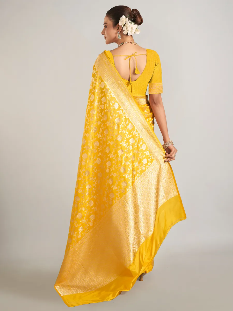 Mustard yellow banarasi silk saree for wedding wear