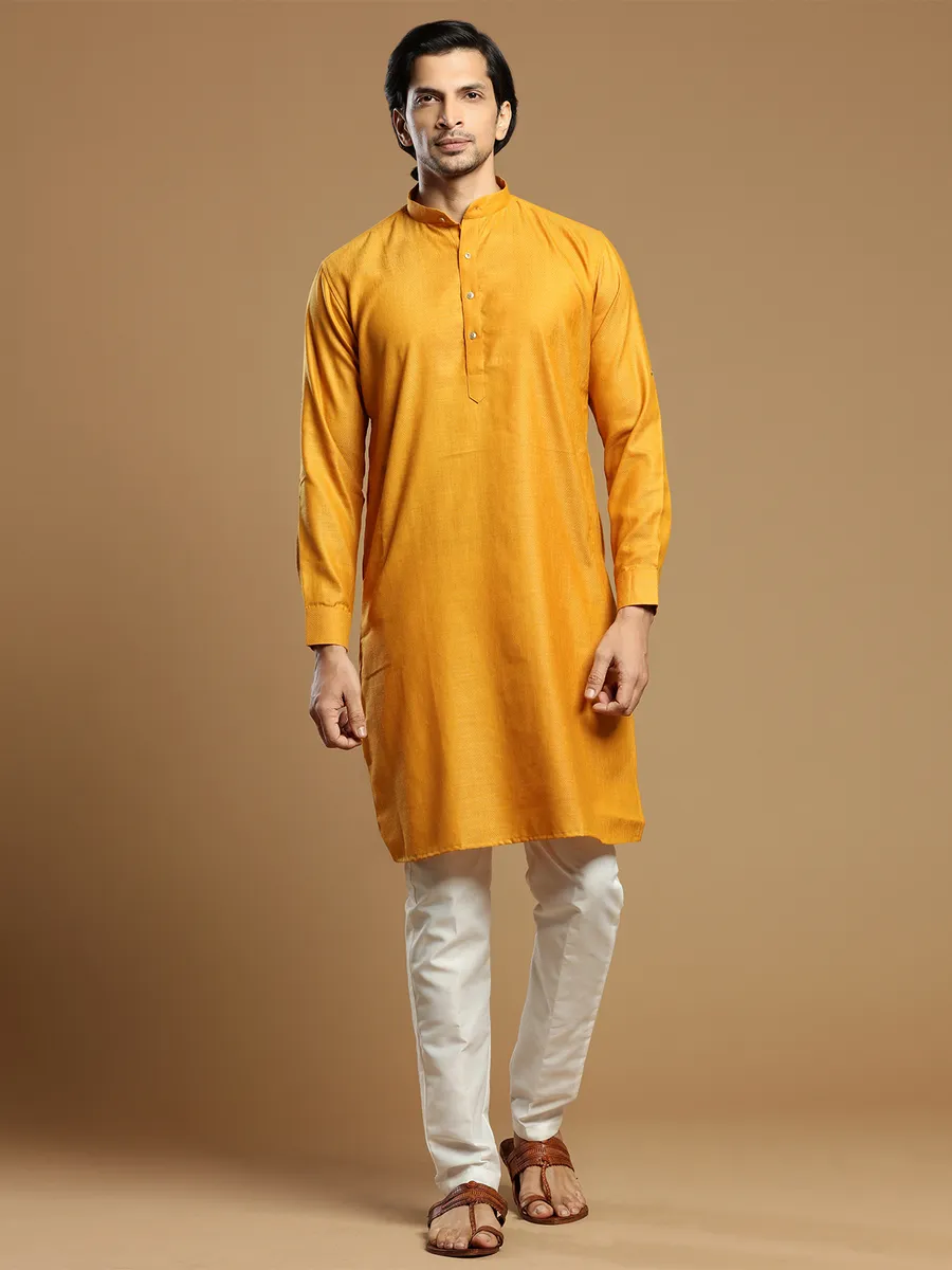 Mustard yellow cotton men kurta suit for festive