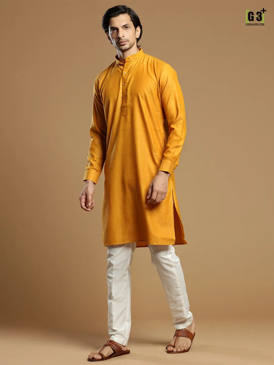 Mustard yellow cotton men  Kurta pajama for festive