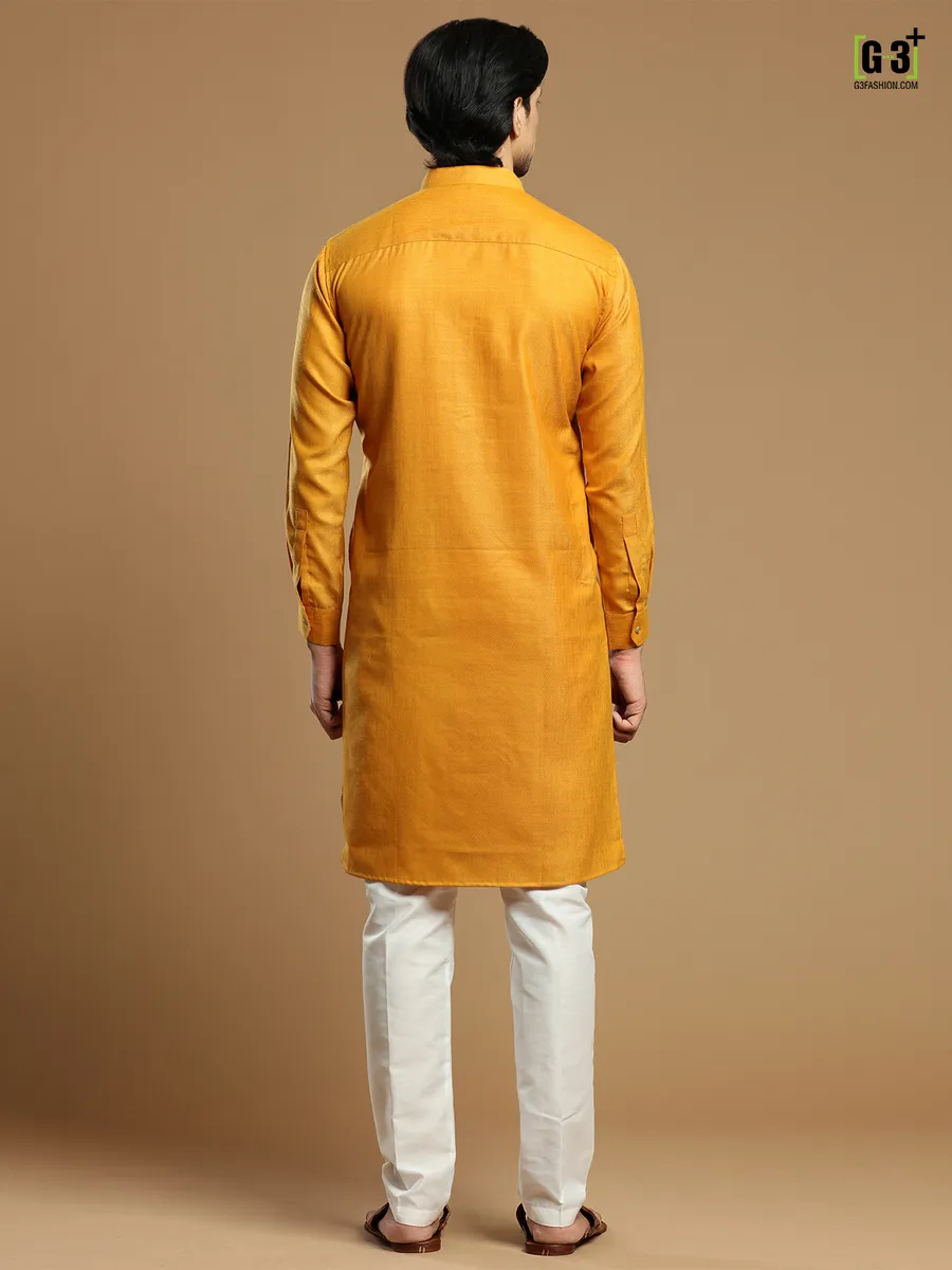 Mustard yellow cotton men kurta suit for festive