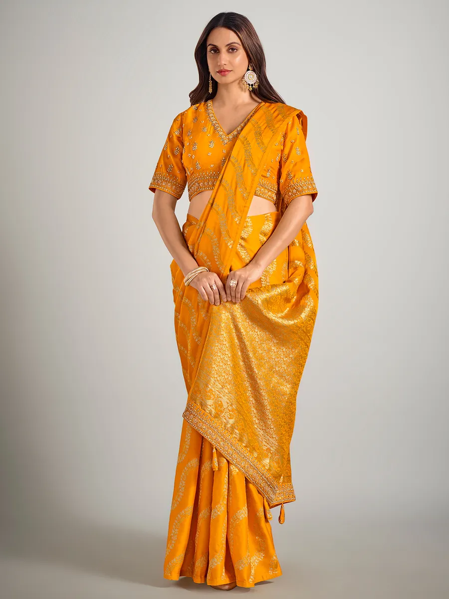 Mustard yellow dola silk zardosi weaving saree