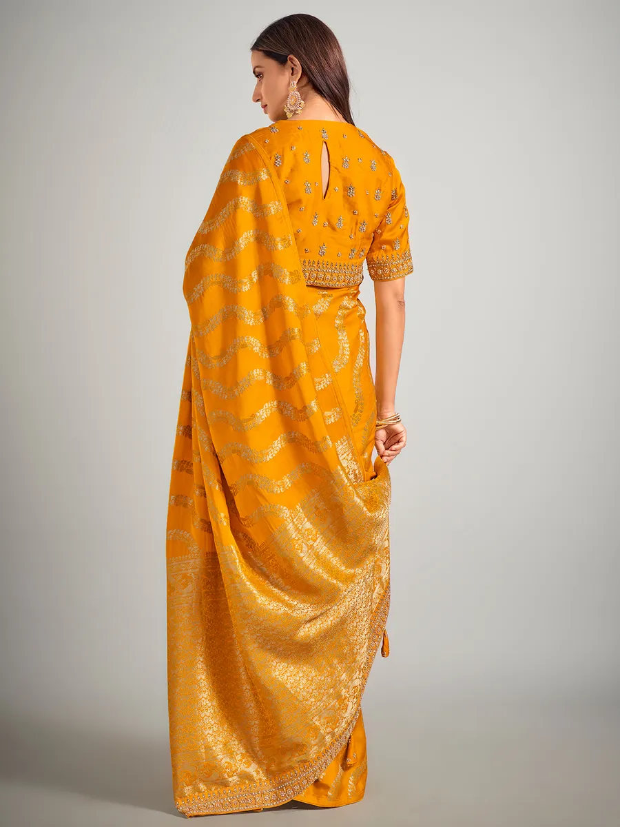 Mustard yellow dola silk zardosi weaving saree