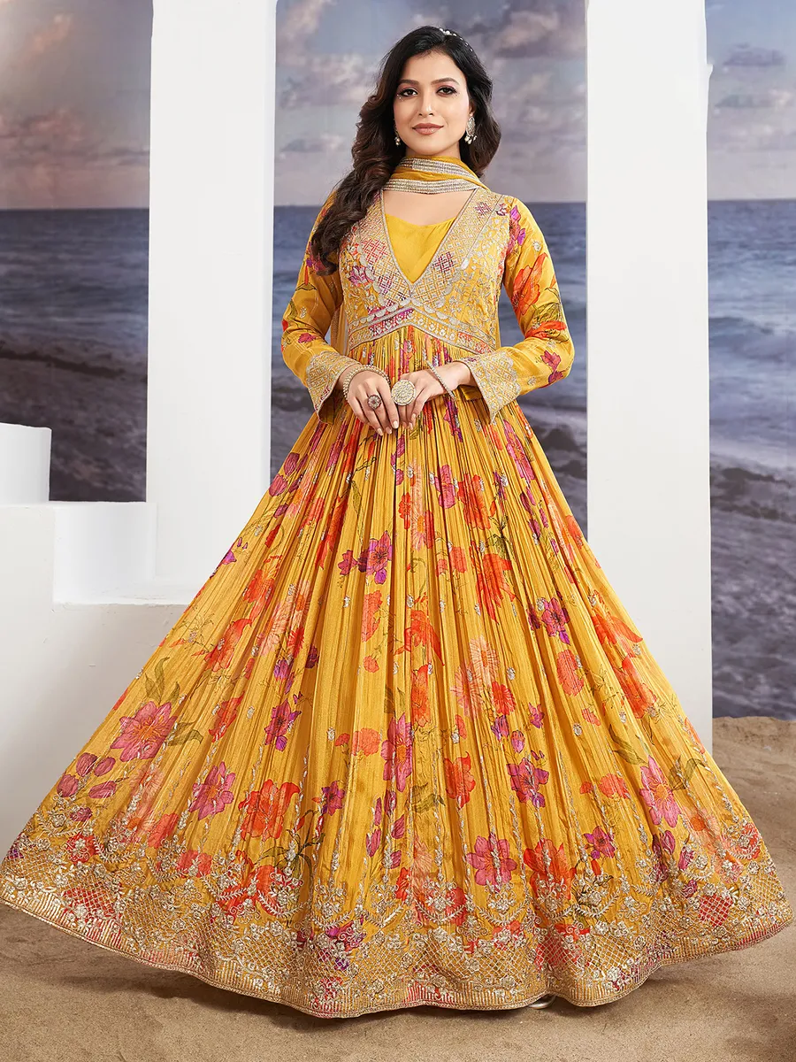 Mustard yellow floral printed anarkali suit