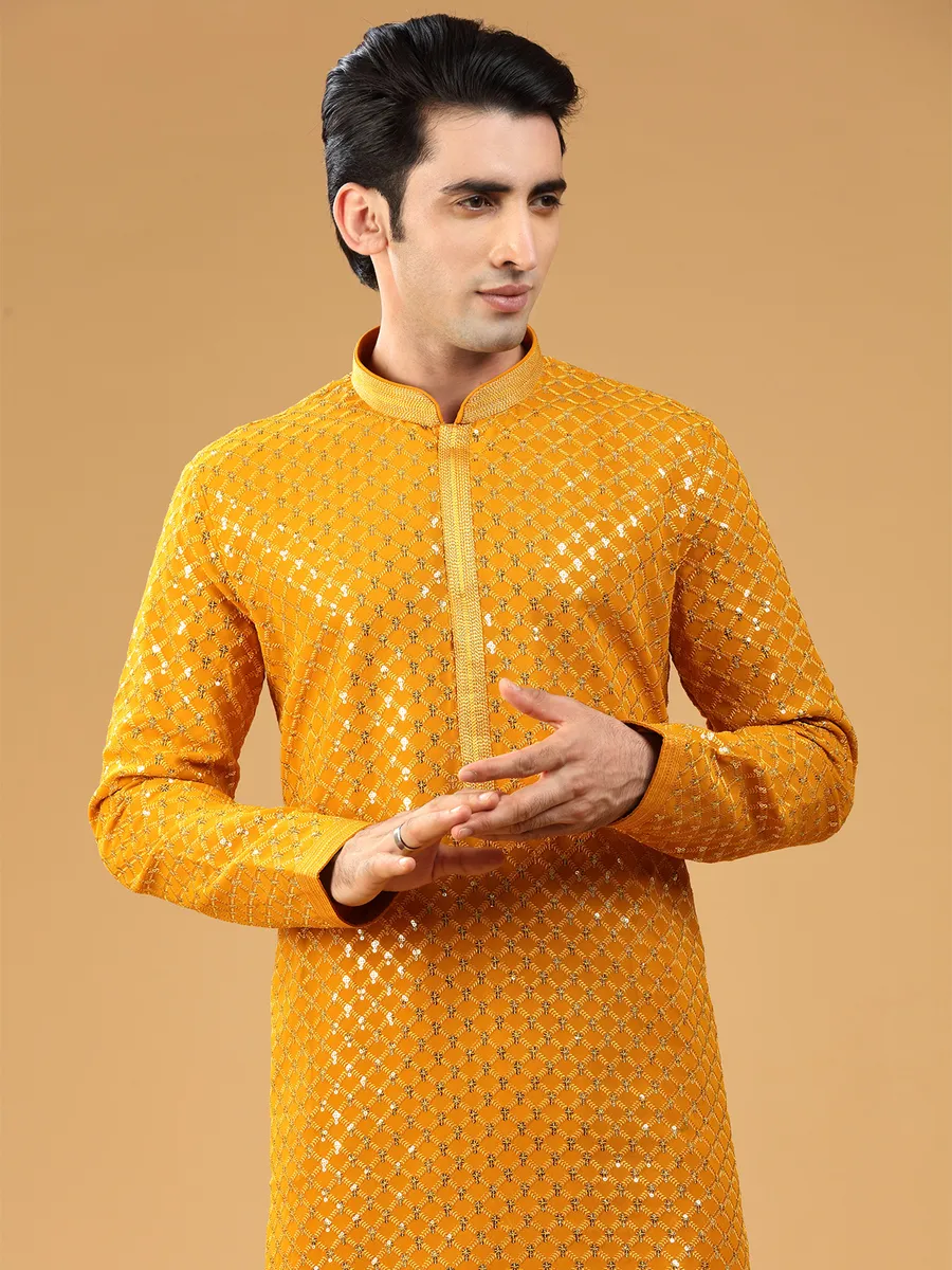 Mustard yellow georgette  Men Kurta pajma with sequins