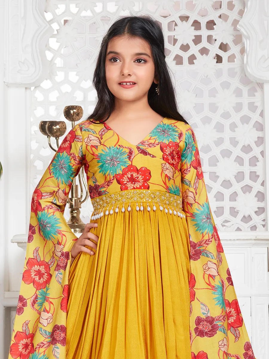 Mustard yellow georgette printed gown