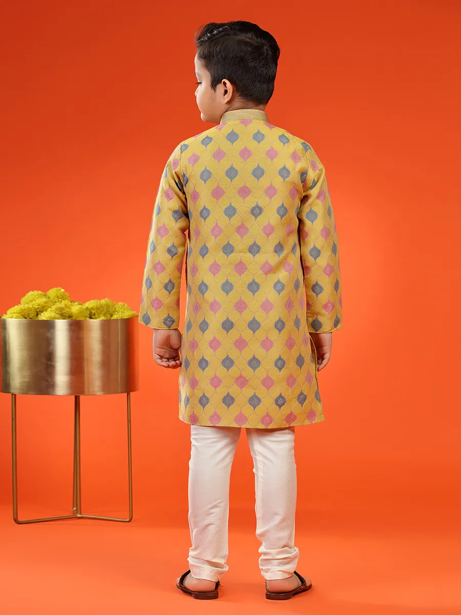 Mustard yellow jacquard kurta suit