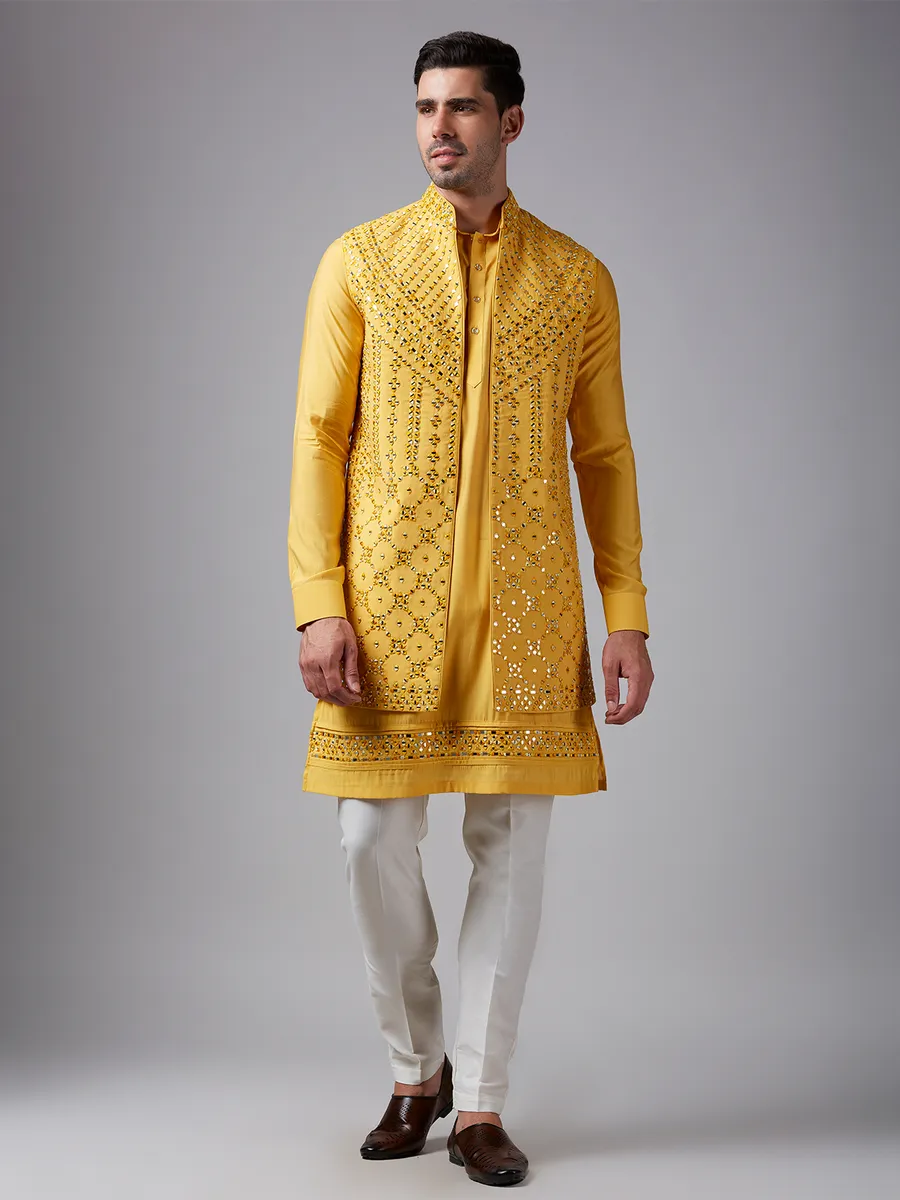 Mustard yellow mirror work waistcoat set