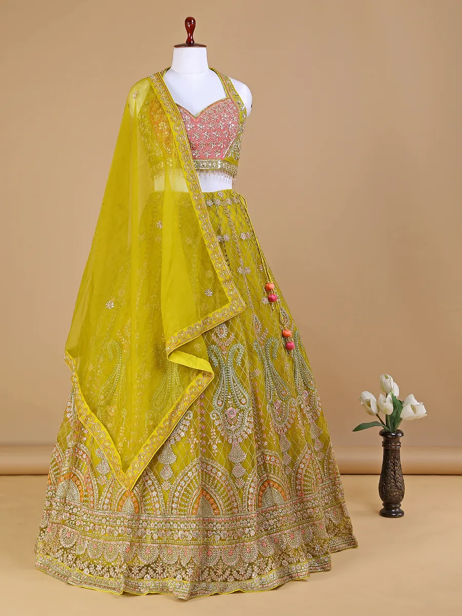 Mustard yellow net wedding lehenga choli