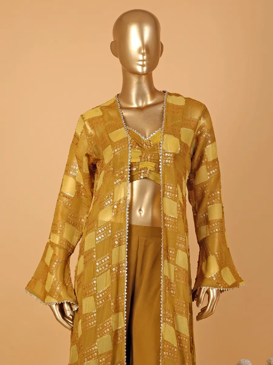 Mustard yellow palazzo suit with printed shrug