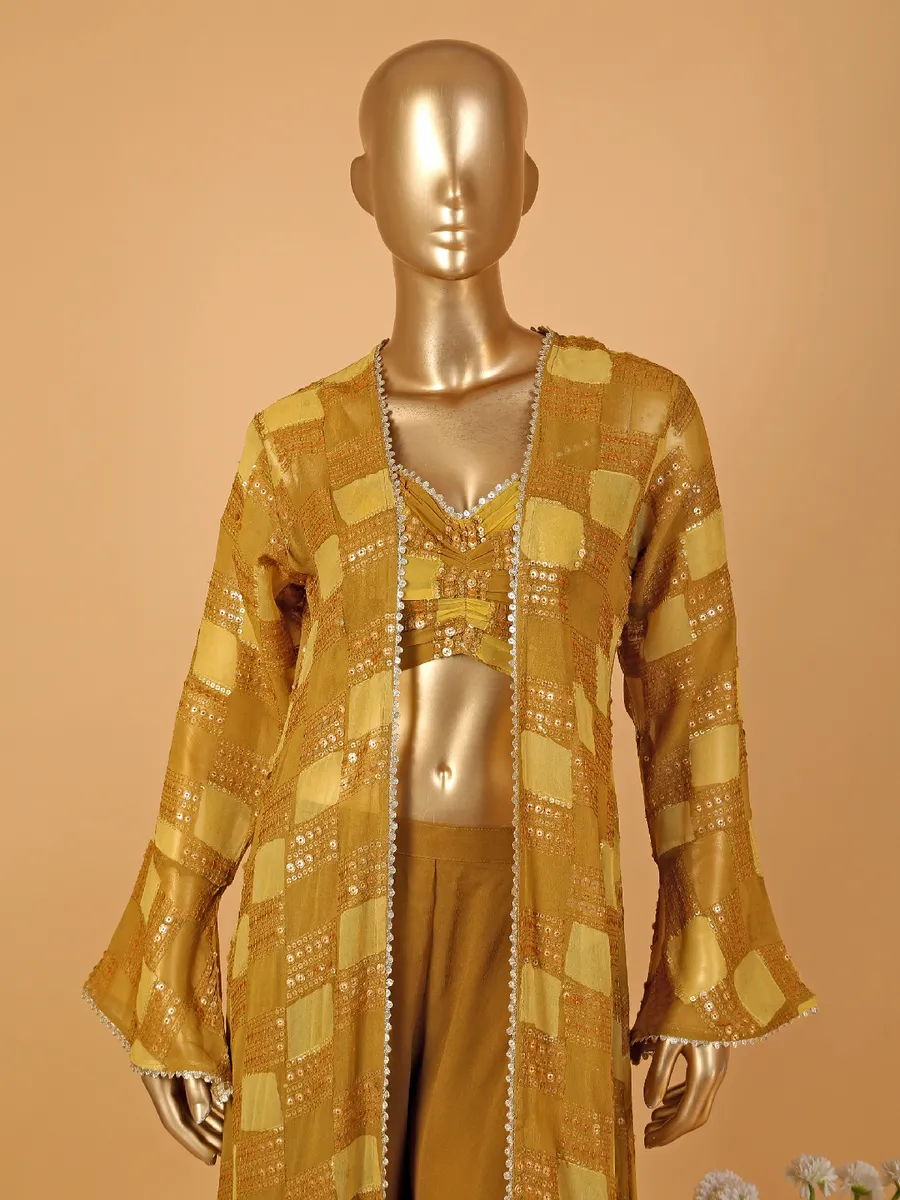 Mustard yellow palazzo suit with printed shrug