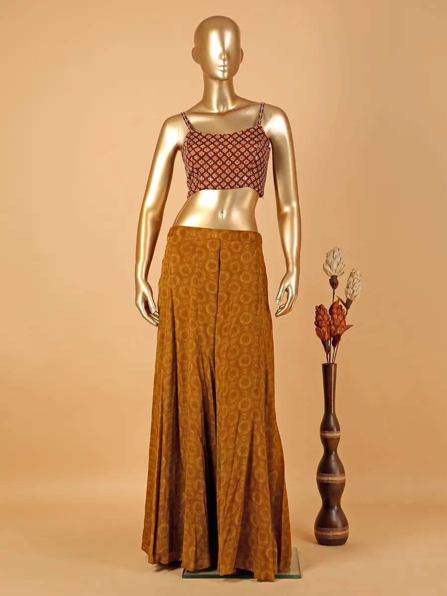 Mustard yellow printed palazzo suit with shrug