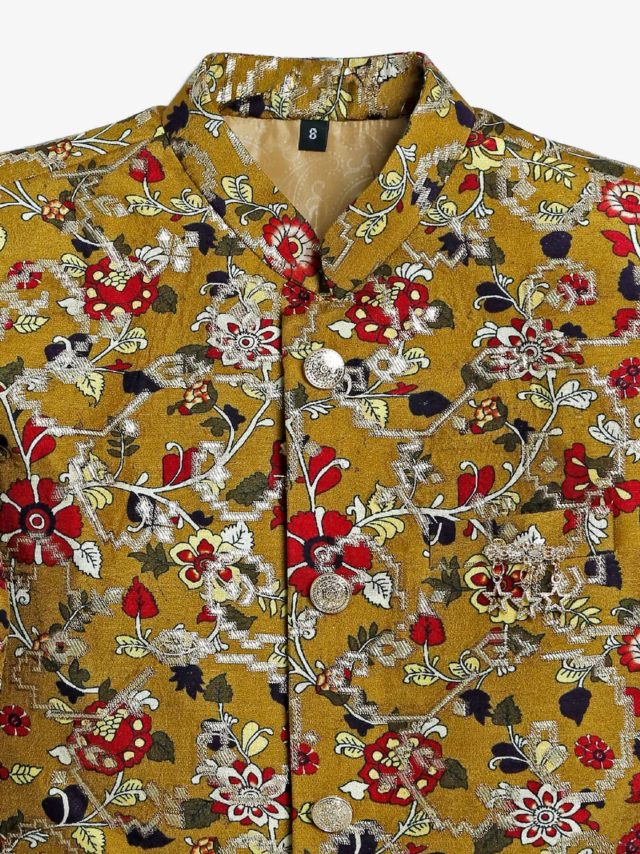 Mustard yellow printed silk indowestern