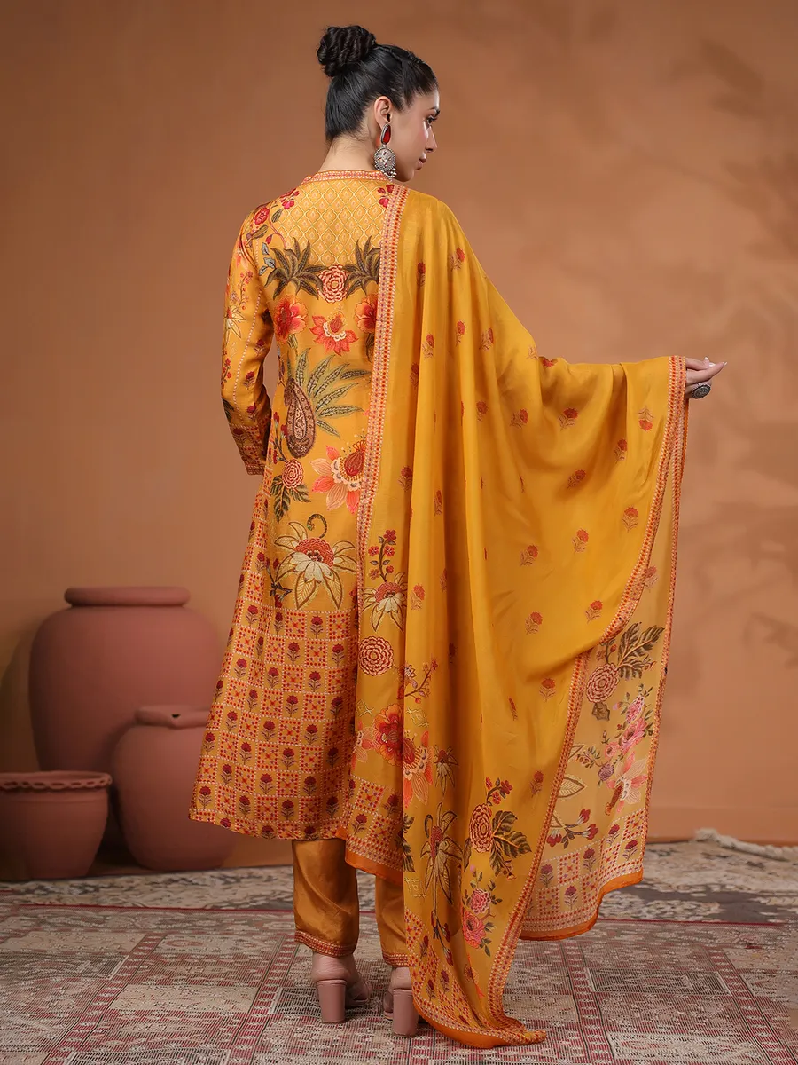 Mustard yellow silk kurti set in printed