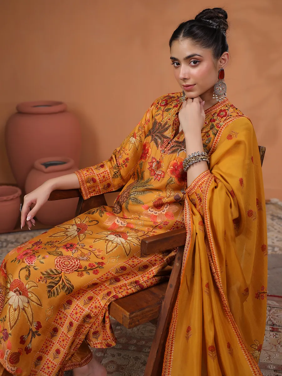 Mustard yellow silk kurti set in printed