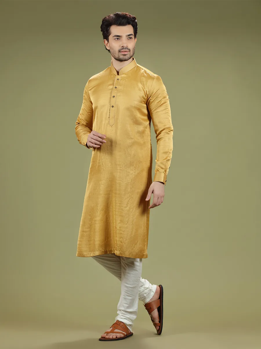 Mustard yellow silk plain kurta suit