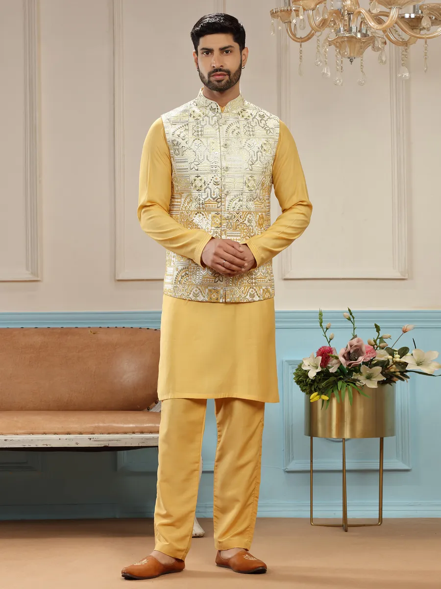 Mustard yellow wedding waistcoat set in silk