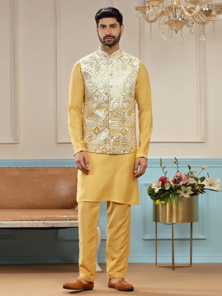 Mustard yellow wedding waistcoat set in silk