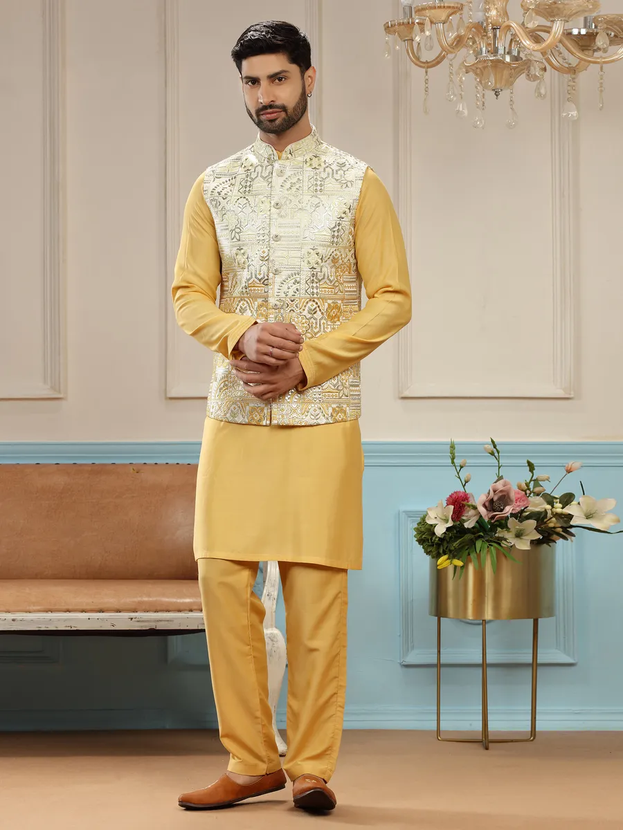 Mustard yellow wedding waistcoat set in silk