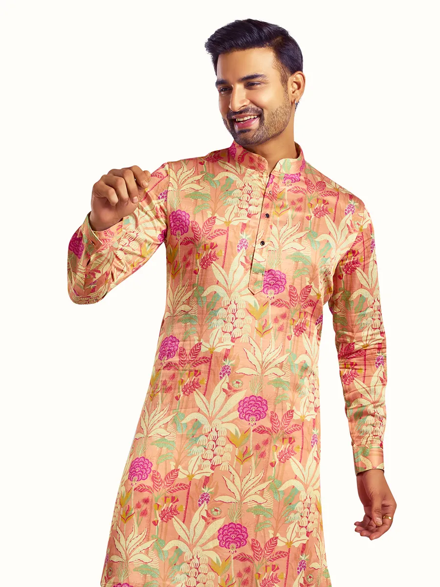 Amazing printed peach silk kurta