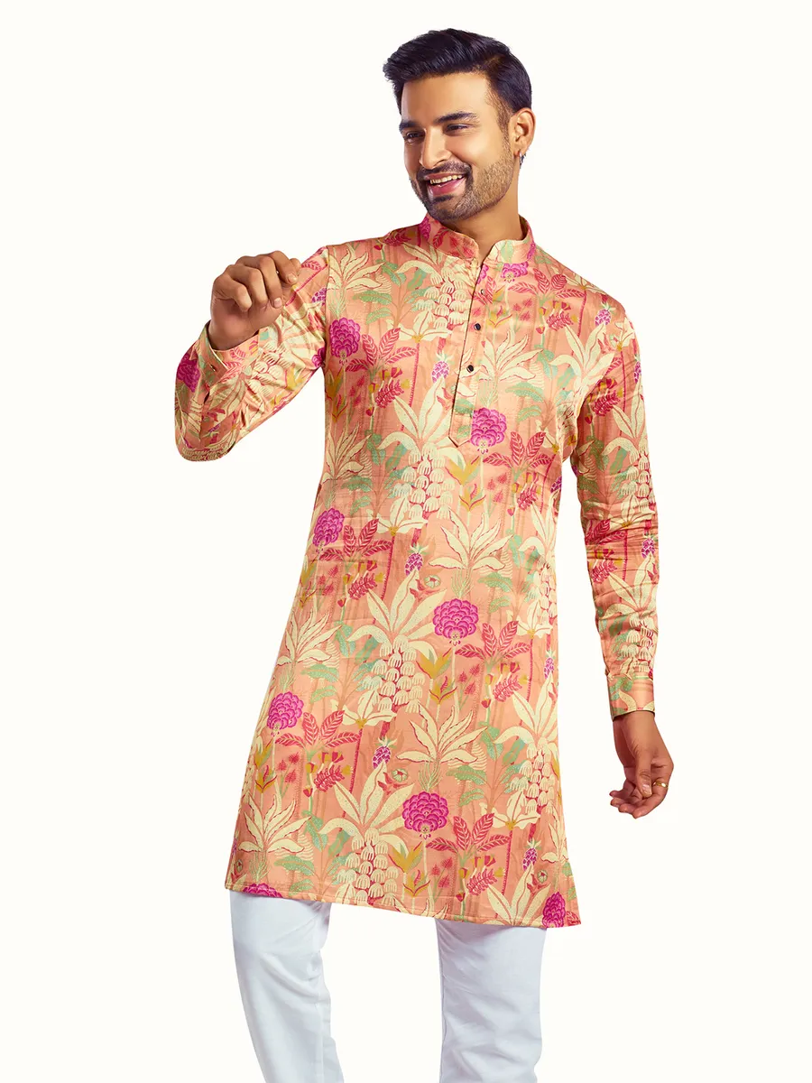 Attractive printed peach silk  Men Kurta pajama