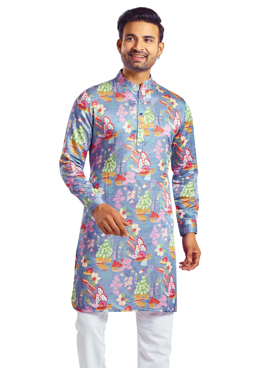 Attractive silk blue printed kurta