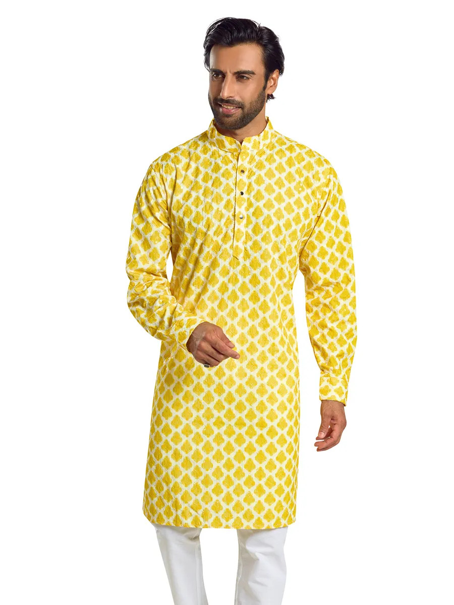 Classy yellow cotton printed kurta