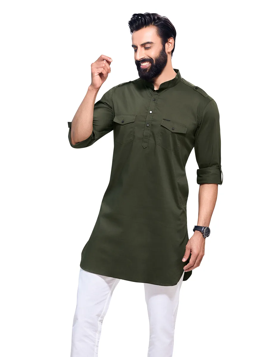 Cotton olive plain kurta