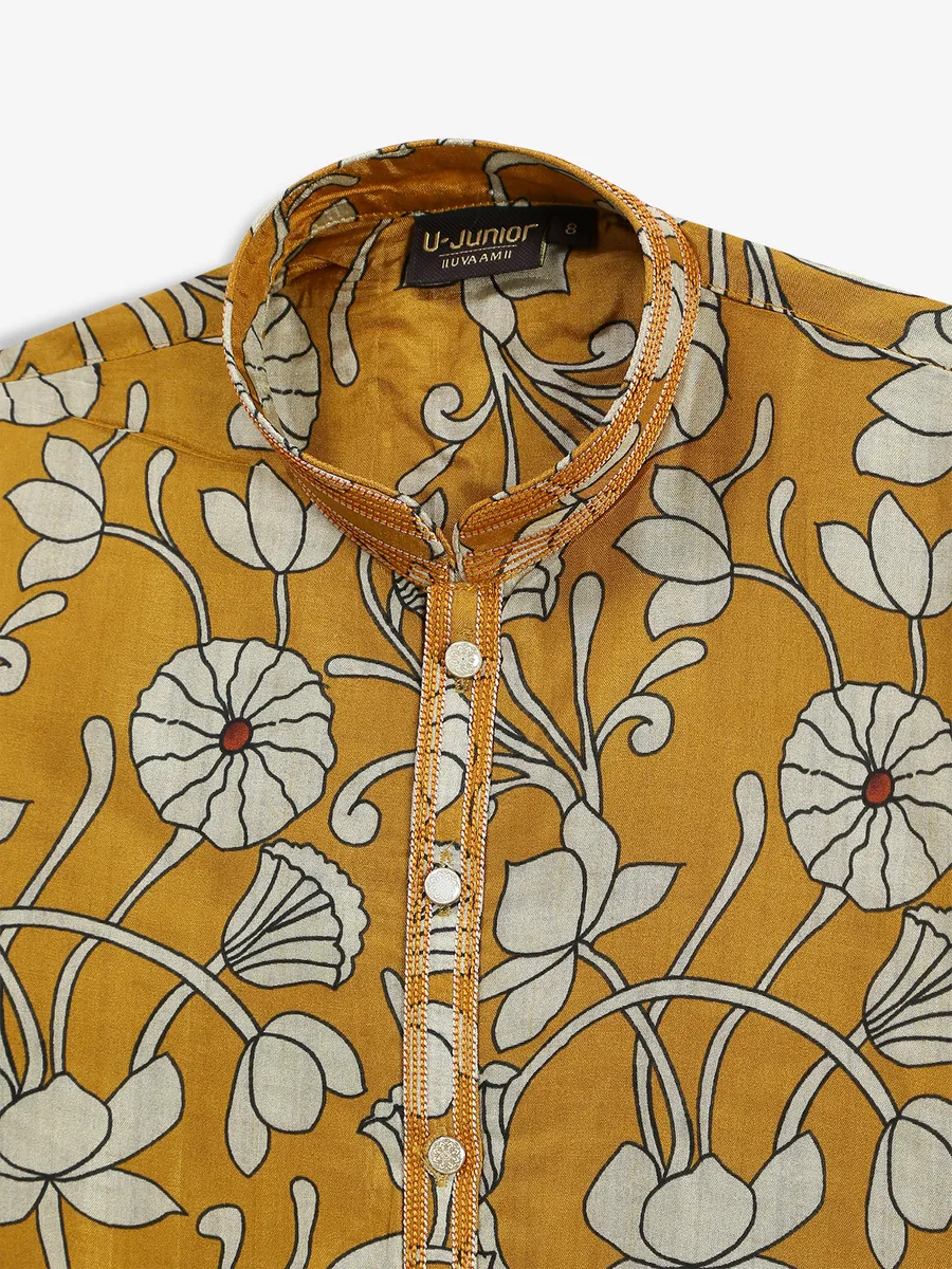 Mustard yellow floral printed kurta suit