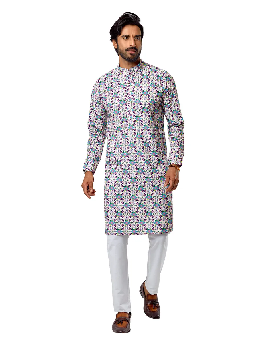 Pink and blue printed cotton  Men Kurta pajama