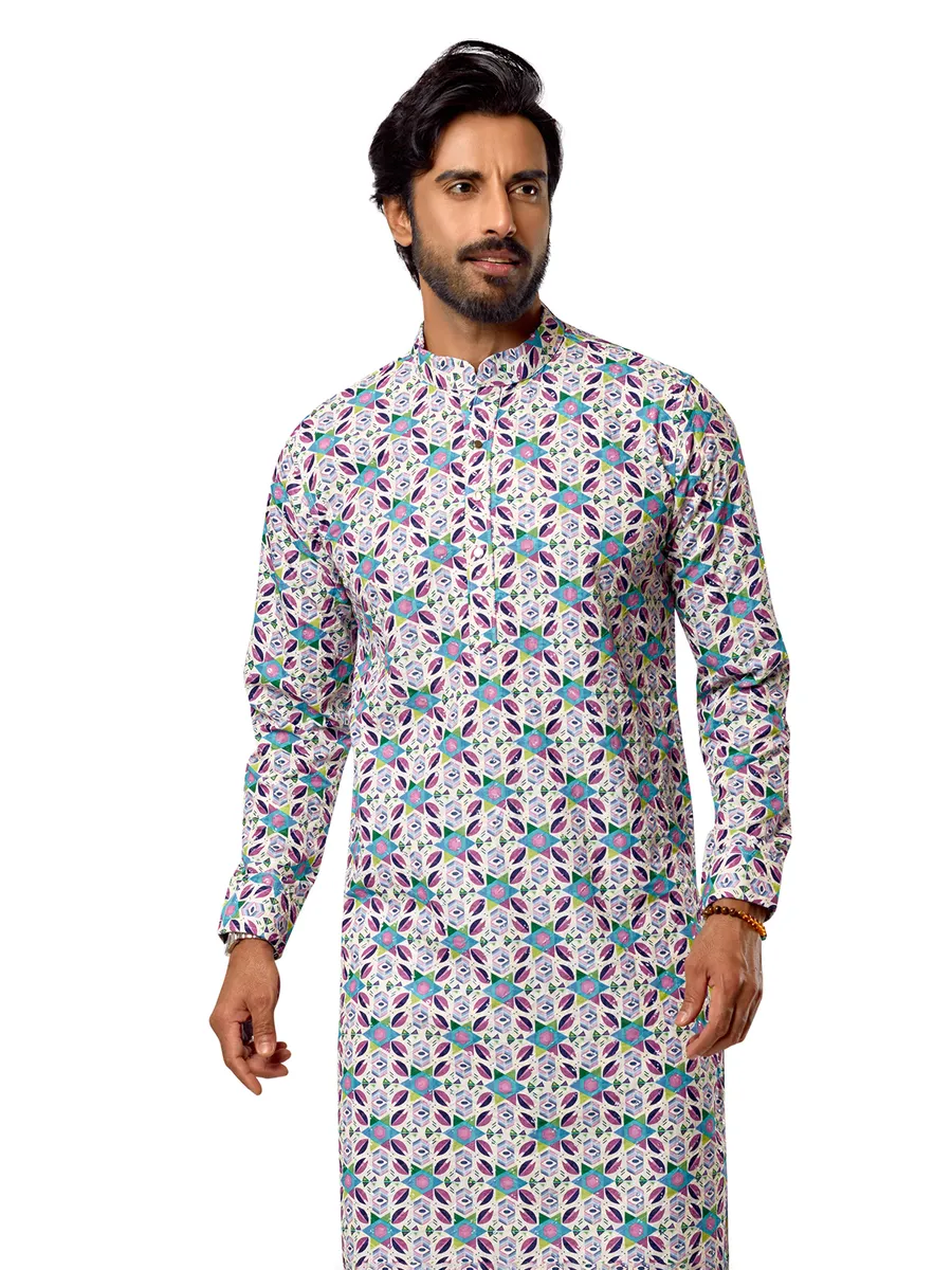Pink and blue printed cotton  Men Kurta pajama