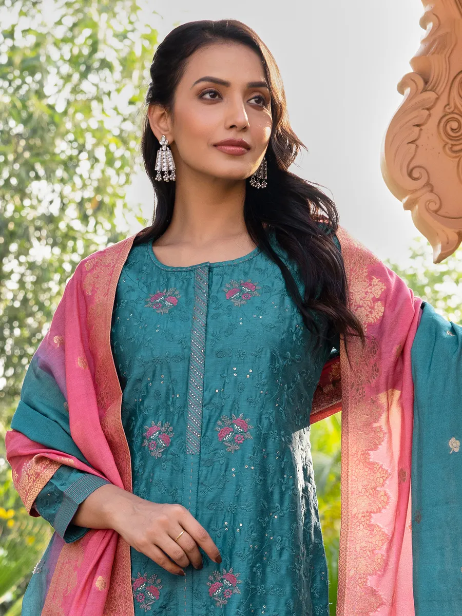 Rama blue floral embroidery salwar suit